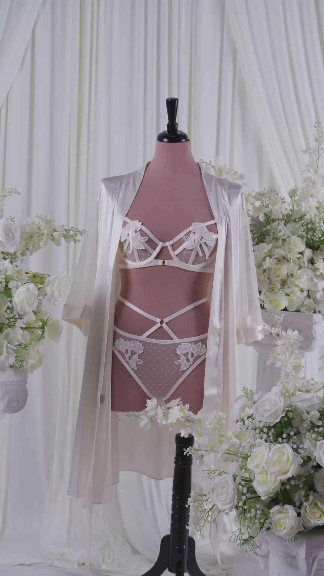 Satin & Diamond Mesh Robe - Pearl | Mentionables