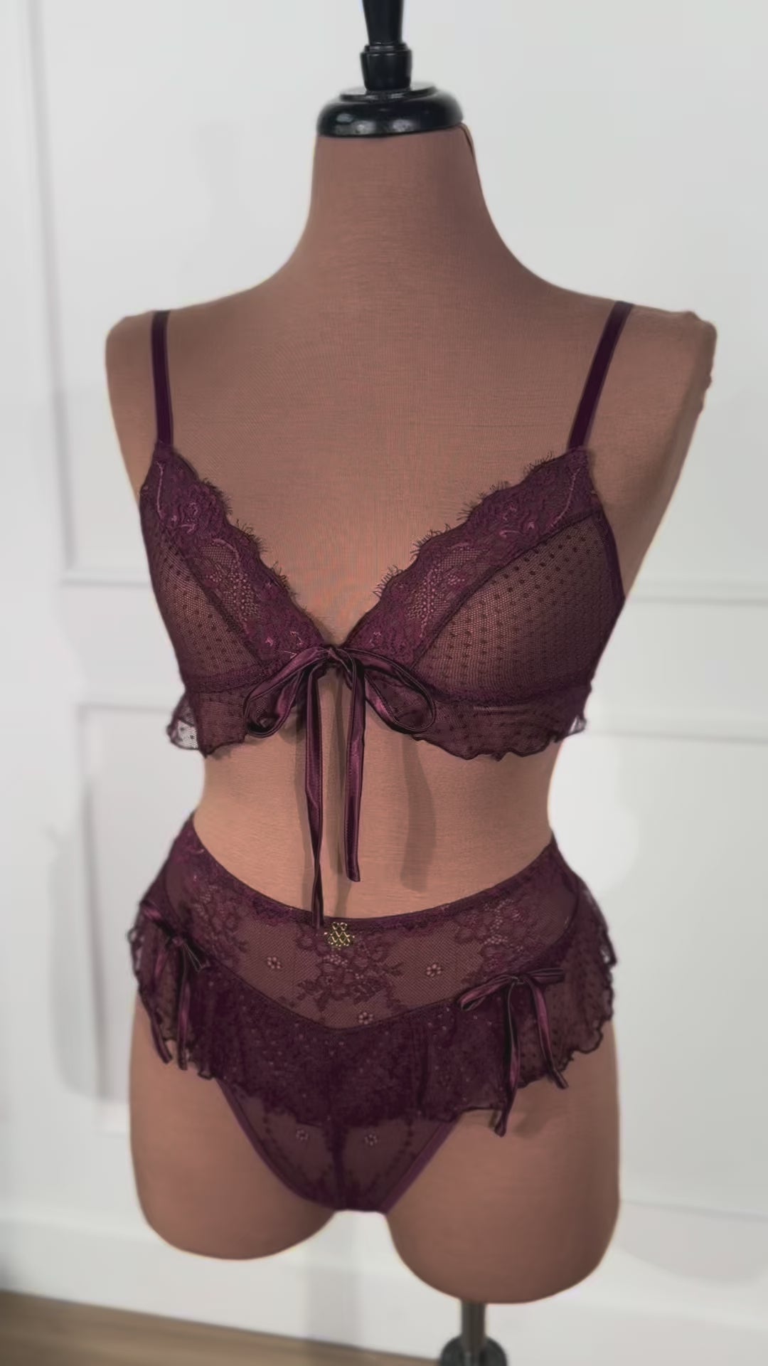 Lace & Mesh Ruffle Bralette - Cherry Lacquer