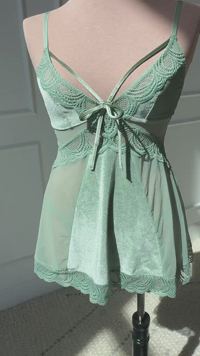 Lace & Velvet Strappy Babydoll - Misty Jade