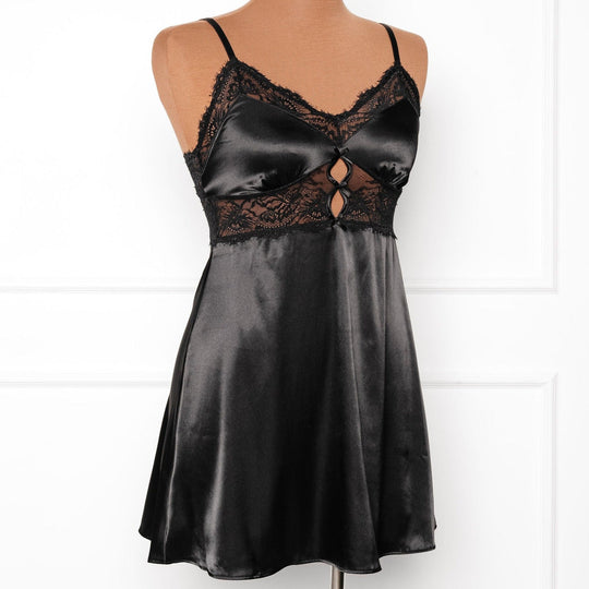 Satin & Eyelash Lace Slip - Black - Mentionables