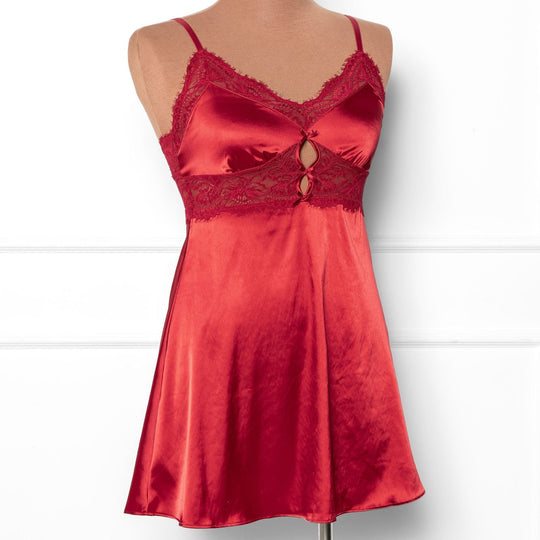 Satin & Eyelash Lace Slip - Red - Mentionables