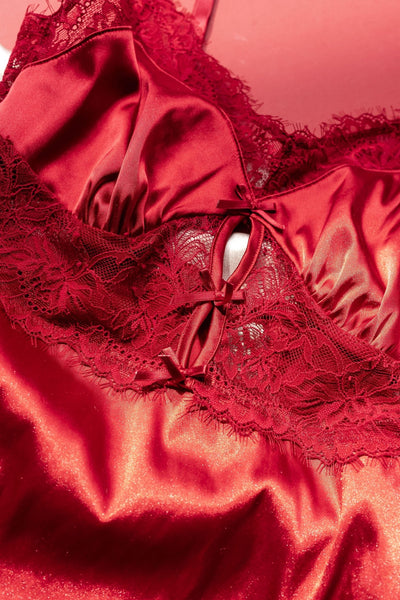 Satin & Eyelash Lace Slip - Red - Mentionables