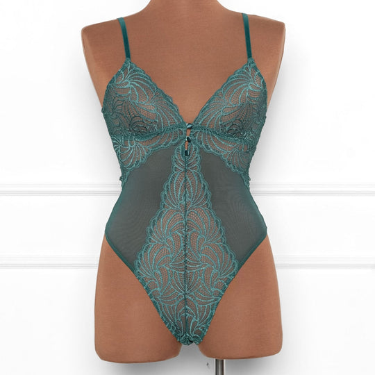 Scalloped Lace & Mesh Button Crotchless Teddy - Emerald - Mentionables