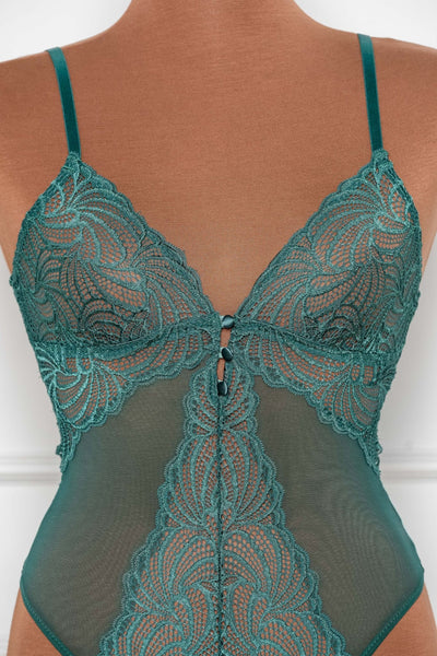 Scalloped Lace & Mesh Button Crotchless Teddy - Emerald - Mentionables