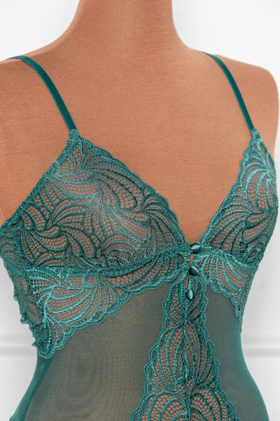 Scalloped Lace & Mesh Button Crotchless Teddy - Emerald - Mentionables