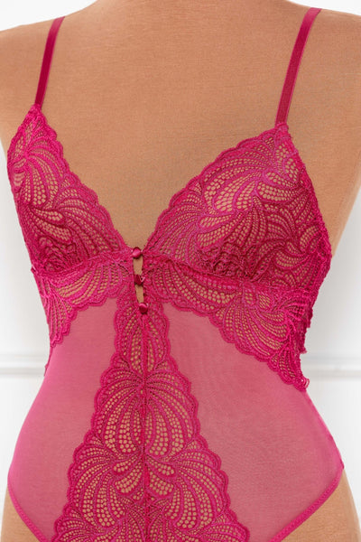 Scalloped Lace & Mesh Button Crotchless Teddy - Ruby - Mentionables