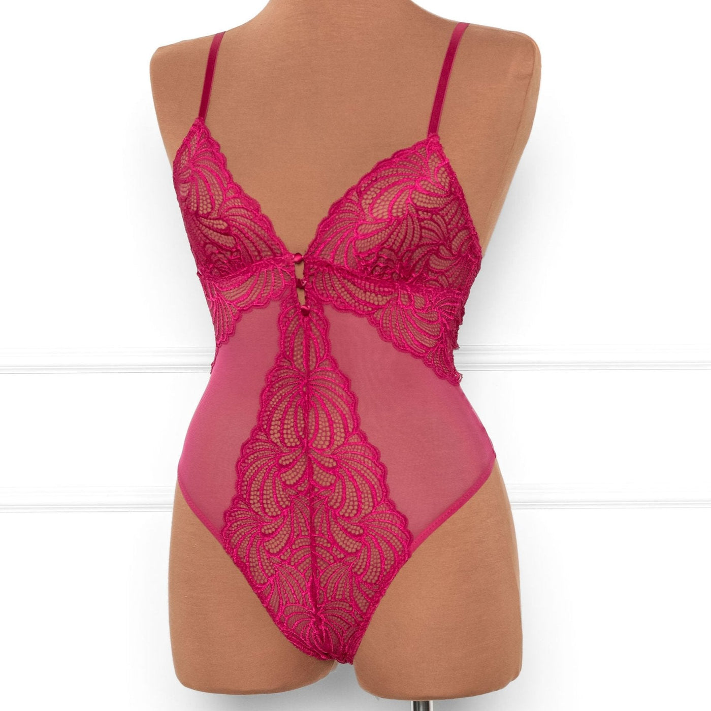 Scalloped Lace & Mesh Button Crotchless Teddy - Ruby - Mentionables