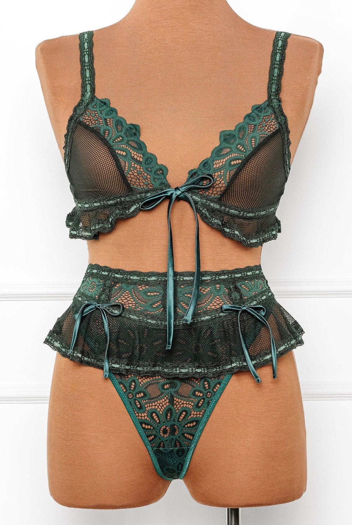 Slotted Lace Corset Waist Panty - Emerald - Mentionables