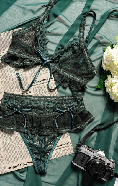 Slotted Lace Corset Waist Panty - Emerald - Mentionables