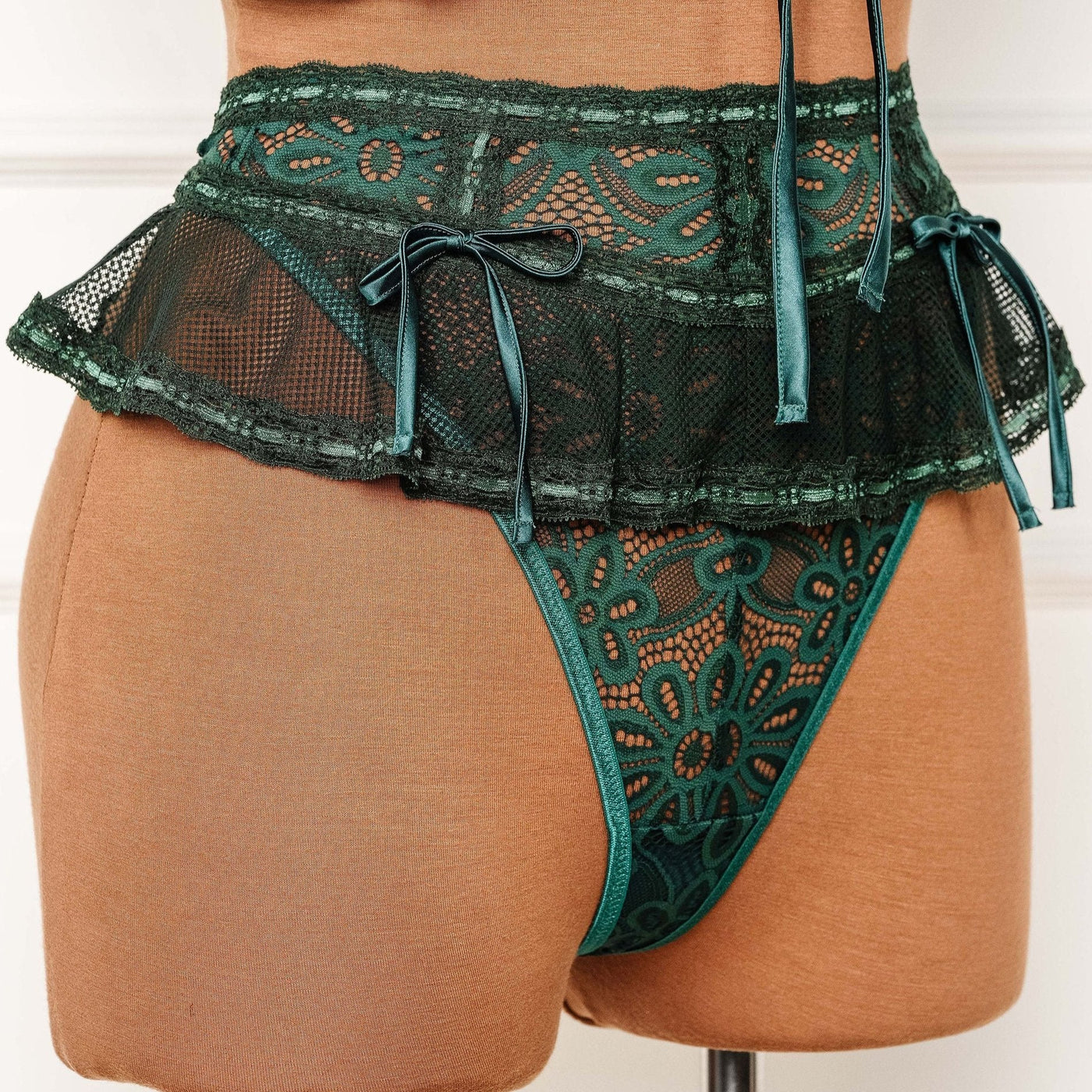 Slotted Lace Corset Waist Panty - Emerald - Mentionables