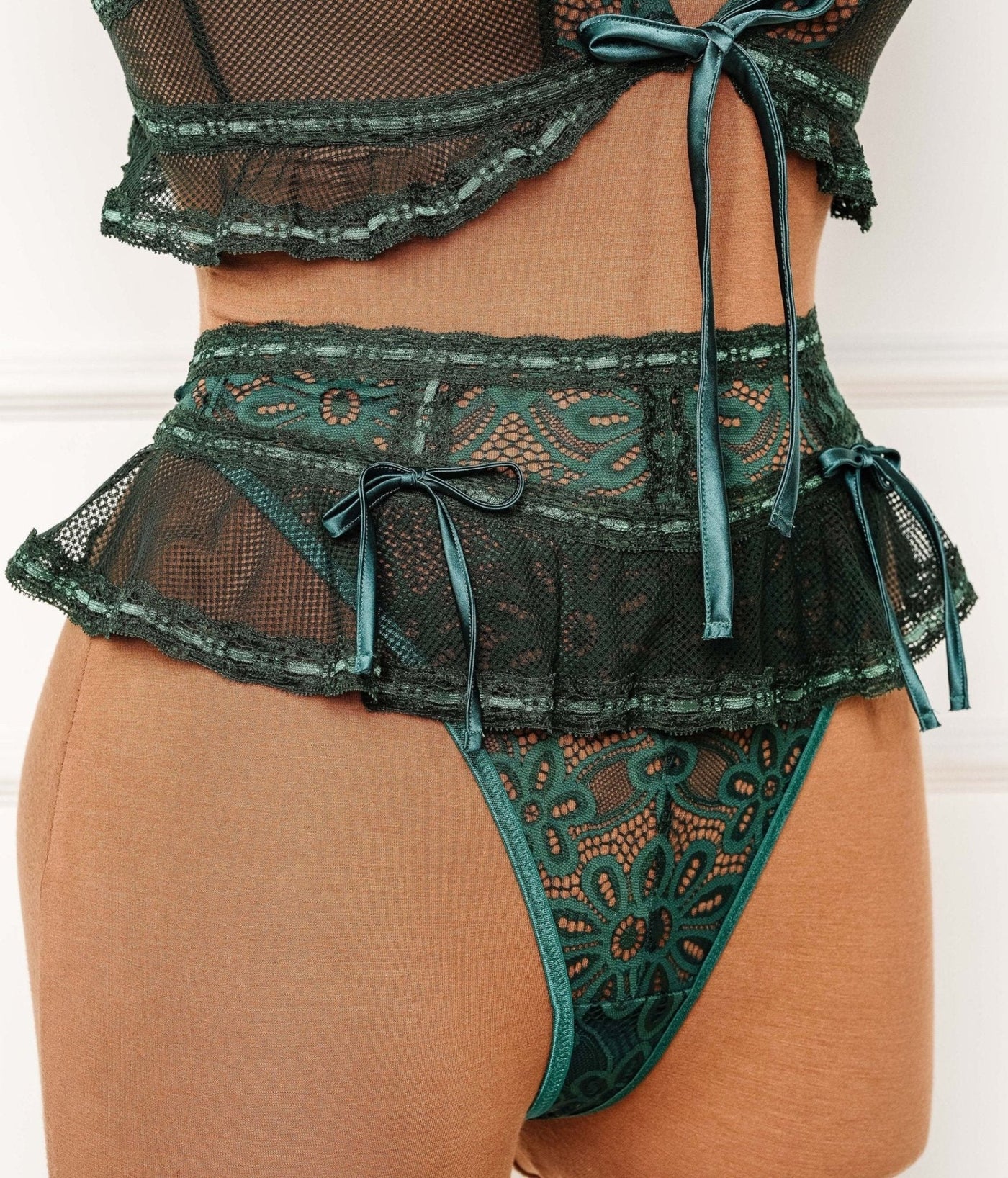 Slotted Lace Corset Waist Panty - Emerald - Mentionables