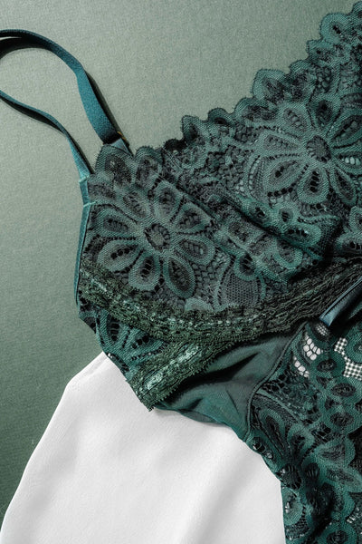 Slotted Lace Crotchless Scoop Neck Teddy - Emerald - Mentionables