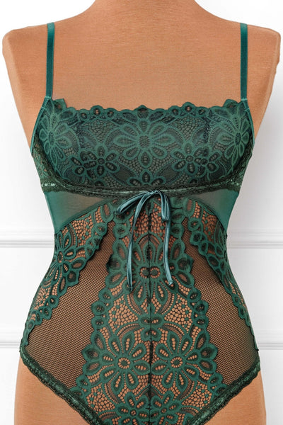 Slotted Lace Crotchless Scoop Neck Teddy - Emerald - Mentionables