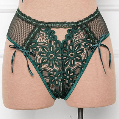 Slotted Lace High Waist Crotchless Panty - Emerald - Mentionables