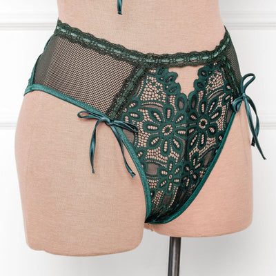 Slotted Lace High Waist Crotchless Panty - Emerald - Mentionables