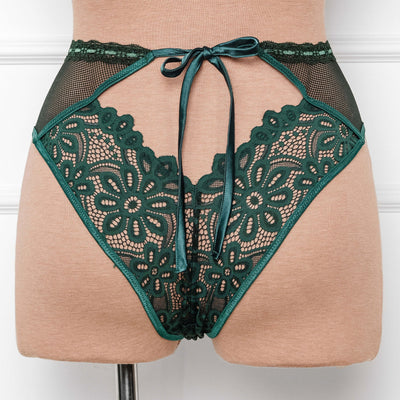 Slotted Lace High Waist Crotchless Panty - Emerald - Mentionables