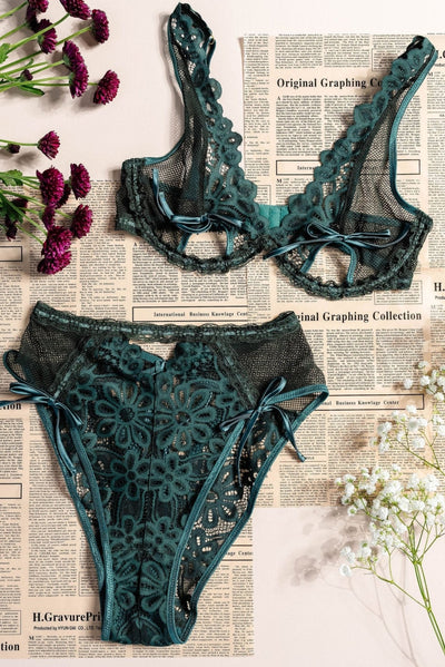 Slotted Lace High Waist Crotchless Panty - Emerald - Mentionables