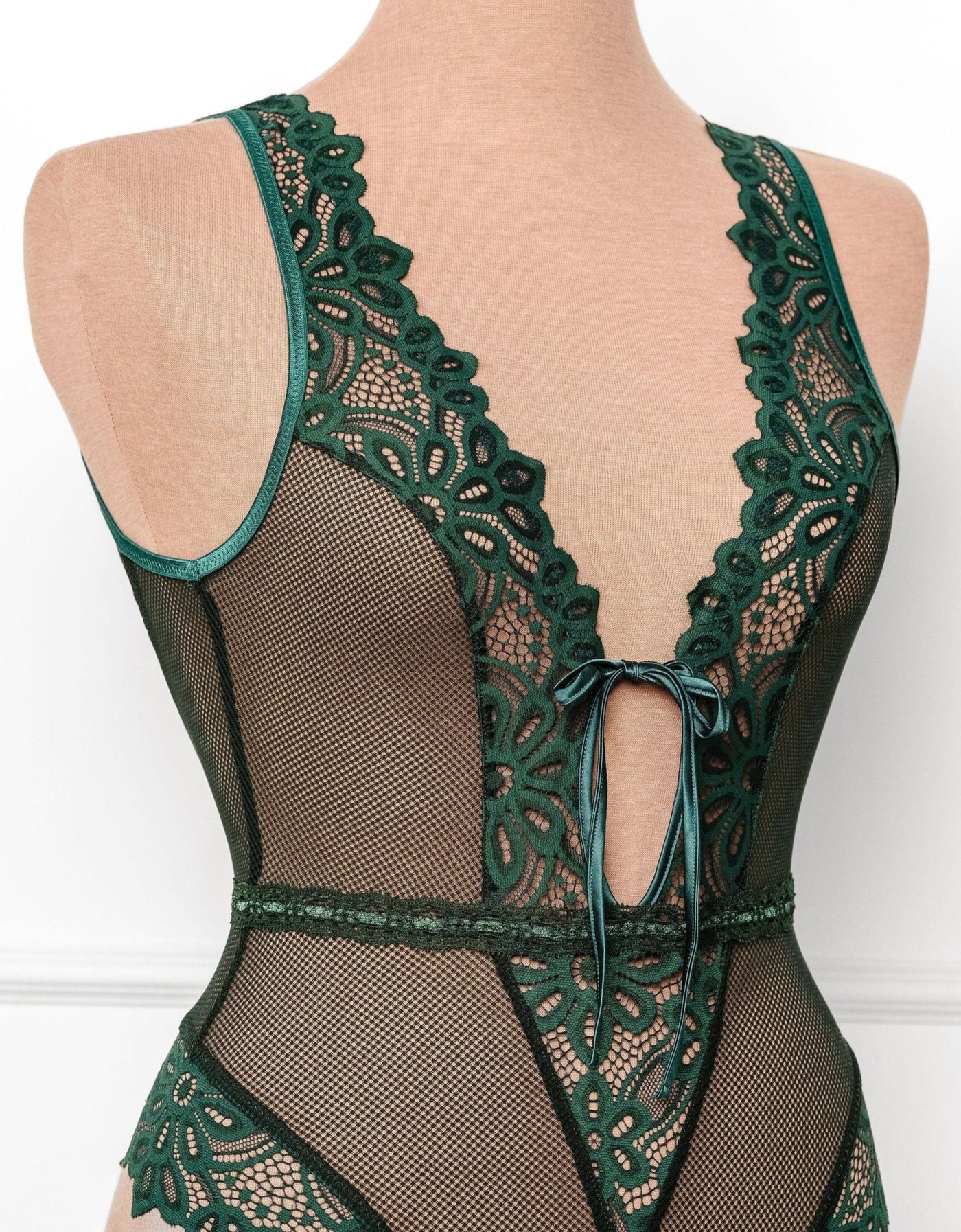 Slotted Lace Plunge Teddy - Emerald - Mentionables