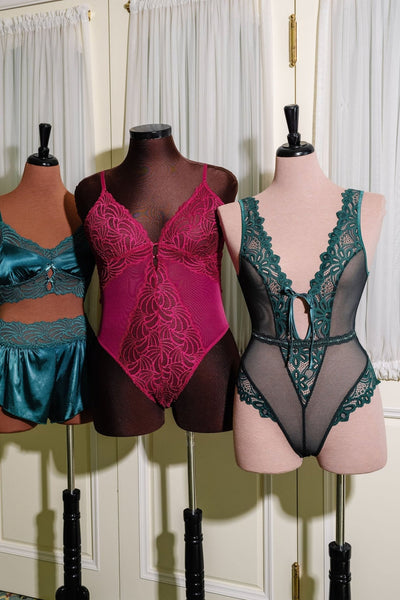 Slotted Lace Plunge Teddy - Emerald - Mentionables