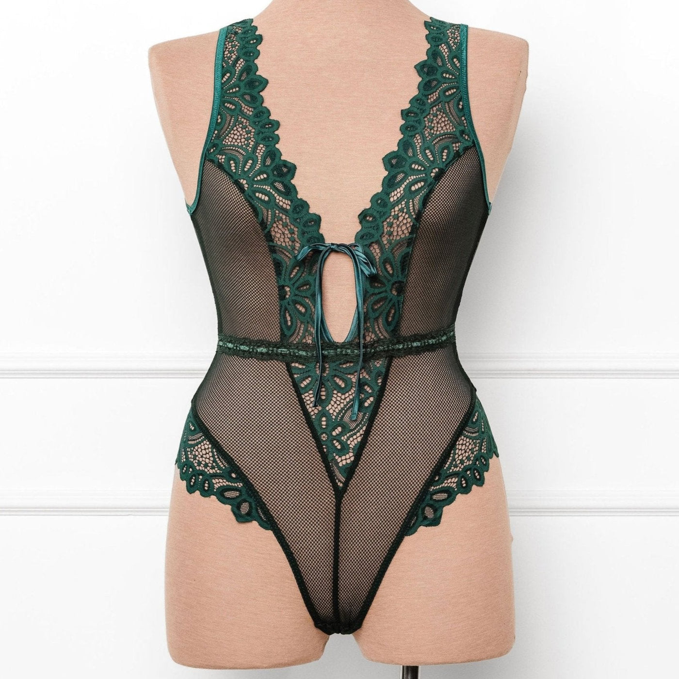 Slotted Lace Plunge Teddy - Emerald - Mentionables