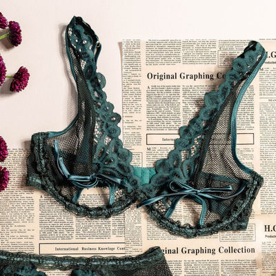 Slotted Lace Plunge Underwire Bralette - Emerald - Mentionables