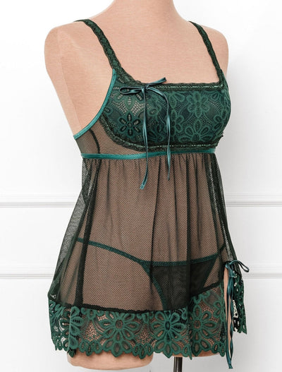 Slotted Lace Scoop Neck Babydoll - Emerald - Mentionables