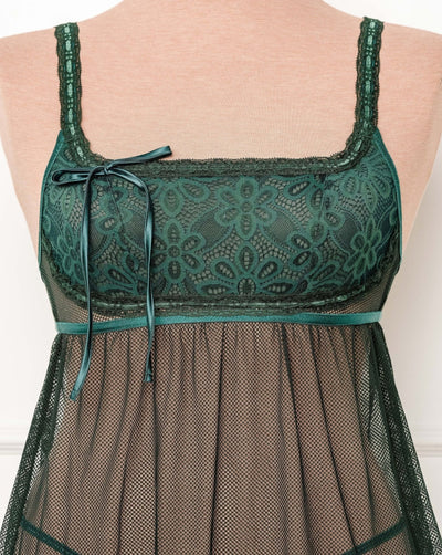 Slotted Lace Scoop Neck Babydoll - Emerald - Mentionables