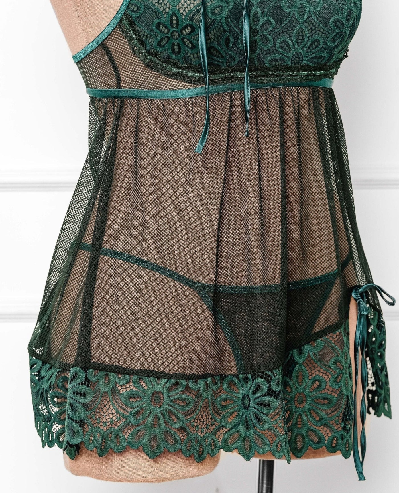 Slotted Lace Scoop Neck Babydoll - Emerald - Mentionables