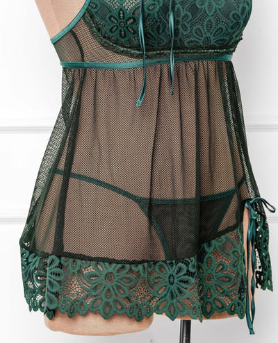 Slotted Lace Scoop Neck Babydoll - Emerald - Mentionables