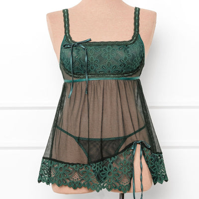 Slotted Lace Scoop Neck Babydoll - Emerald - Mentionables