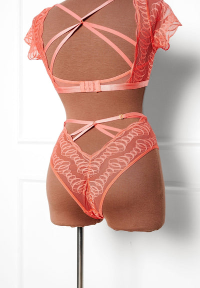Strappy Back High Waist Crotchless Panty - Coral - Mentionables