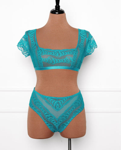 Strappy Back High Waist Crotchless Panty - Teal - Mentionables