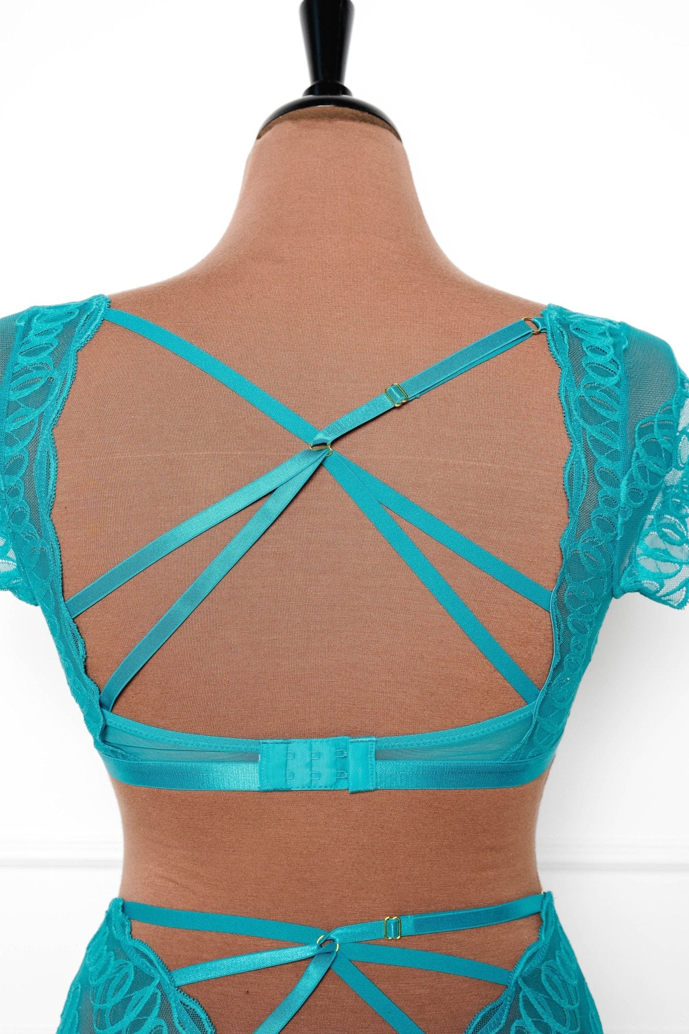 Strappy Back High Waist Crotchless Panty - Teal - Mentionables