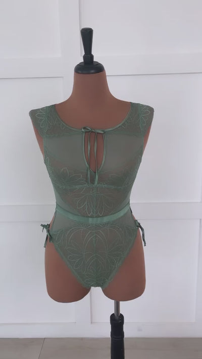 Lace & Mesh High Neck Teddy - Sage