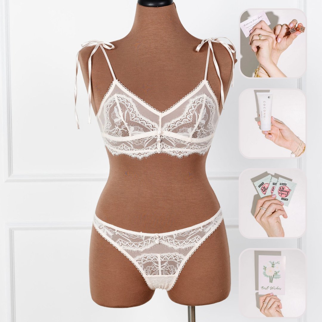 Bridal Bundle: Lace & Mesh Button Bralette & Panty Set - Champagne - Mentionables