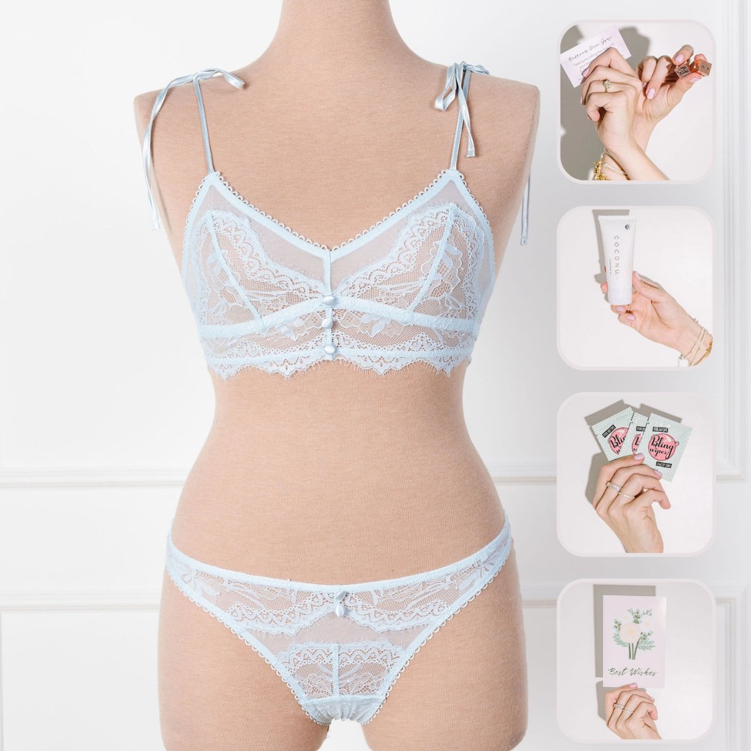 Bridal Bundle: Lace & Mesh Button Bralette & Panty Set - Something Blue - Mentionables