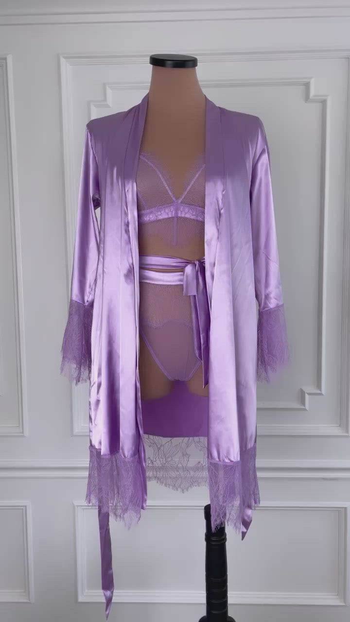 Satin & Eyelash Lace Robe - Lilac