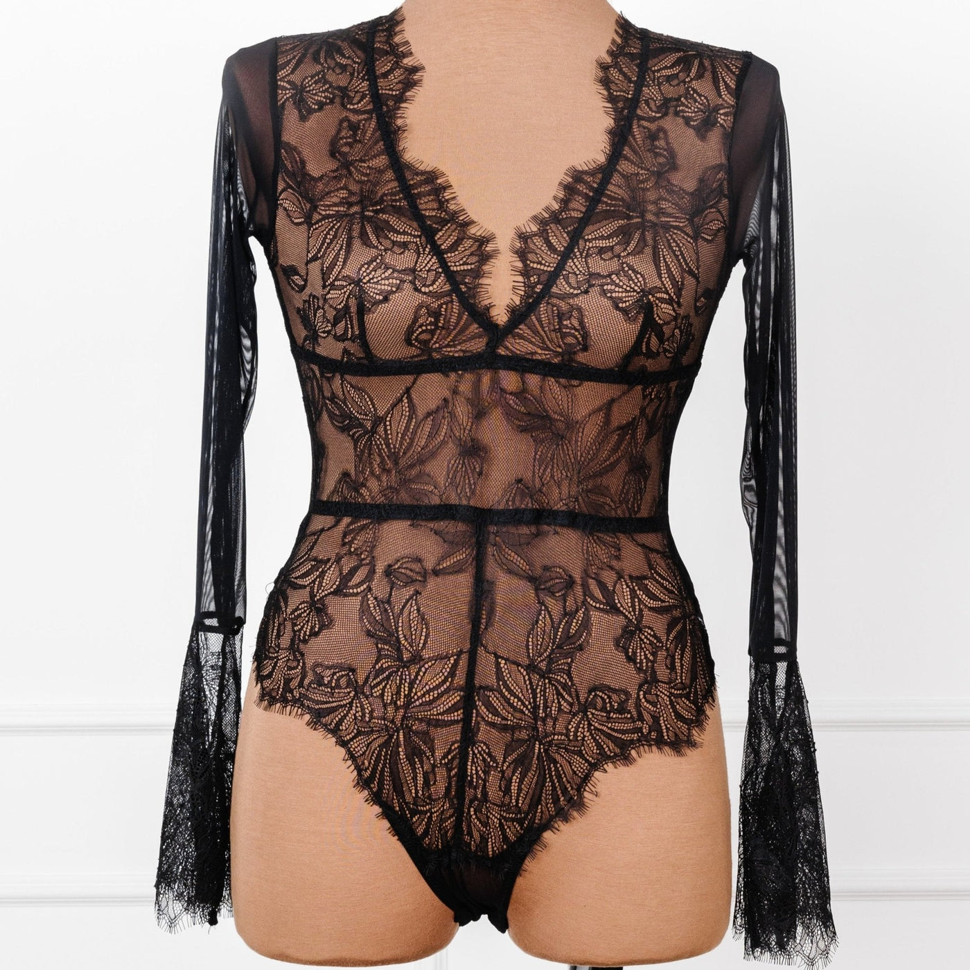 Black OPAQUE LONG SLEEVE TEDDY Snap Crotch BODYSUIT Full Back LACE
