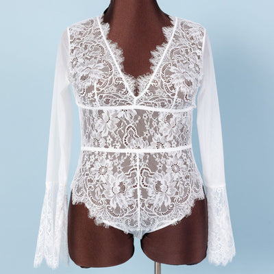 Eyelash Lace Bell Sleeve Teddy - White - Mentionables