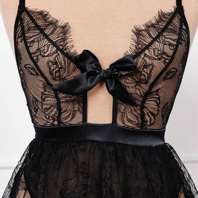 Eyelash Lace Crotchless Teddy - Black - Mentionables