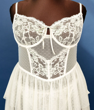 Lace & Mesh Bustier Tiered Babydoll - Iridescent Cream - Mentionables