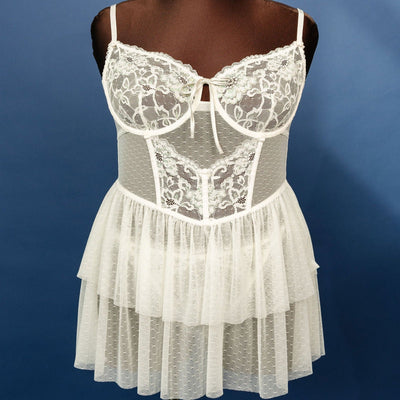 Lace & Mesh Bustier Tiered Babydoll - Iridescent Cream - Mentionables
