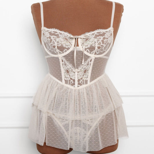 Lace & Mesh Bustier Tiered Babydoll - Iridescent Cream - Mentionables