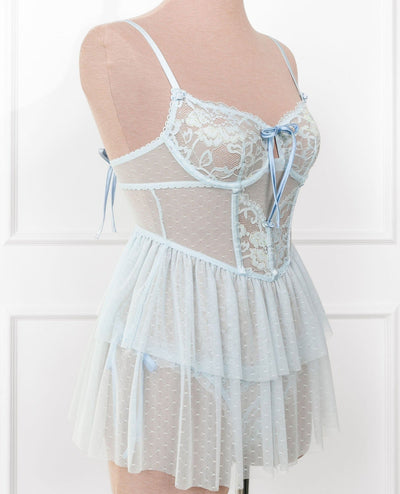 Lace & Mesh Bustier Tiered Babydoll - Iridescent Daydream - Mentionables
