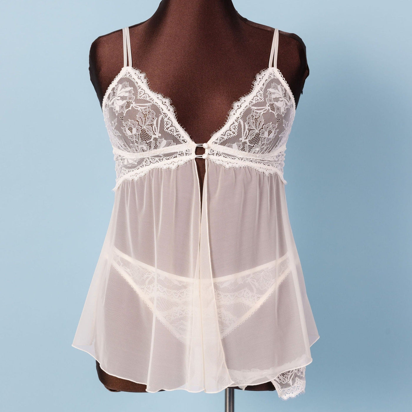 Lace & Mesh Button Babydoll - Champagne - Mentionables
