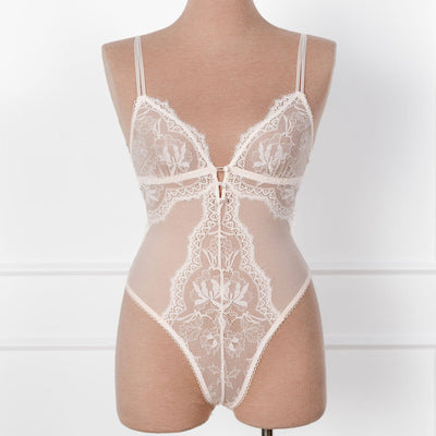 Lace & Mesh Button Teddy - Champagne - Mentionables