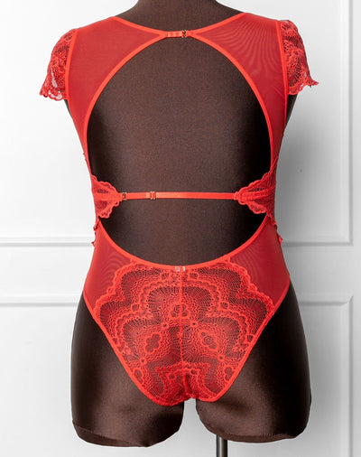 Lace & Mesh High Leg Crotchless Teddy - Poppy Red - Mentionables