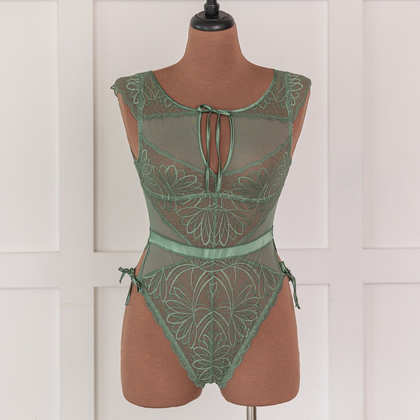 Lace & Mesh High Neck Teddy - Sage - Mentionables