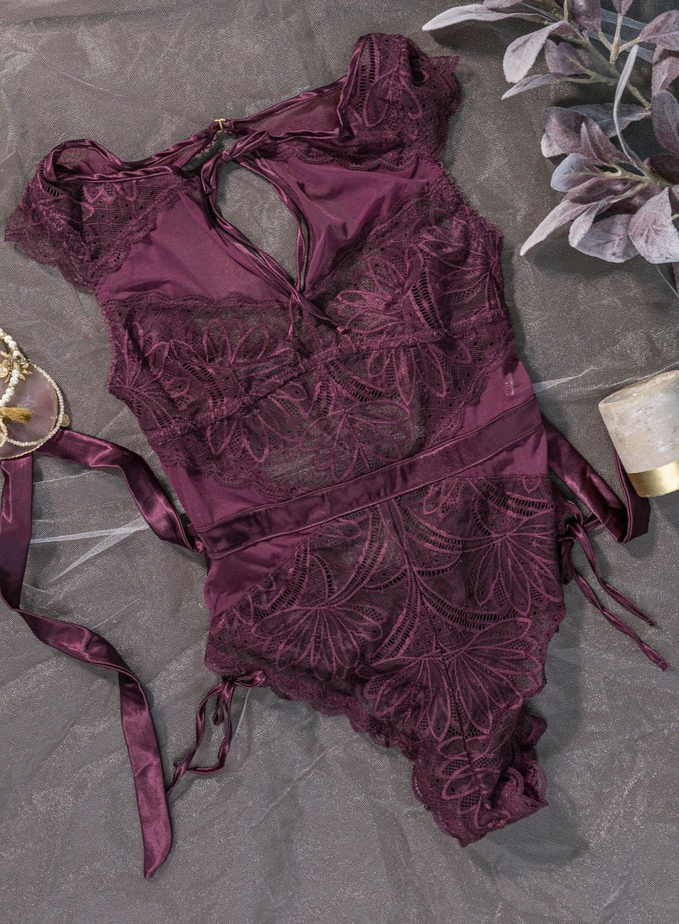 Lace & Mesh High Neck Teddy - Wine - Mentionables