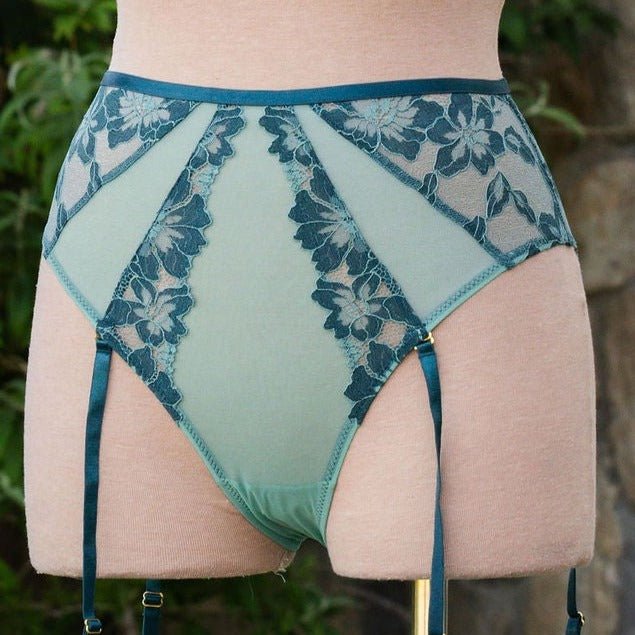 Lace & Mesh High Waist Garter Panty - Garden Green - Mentionables